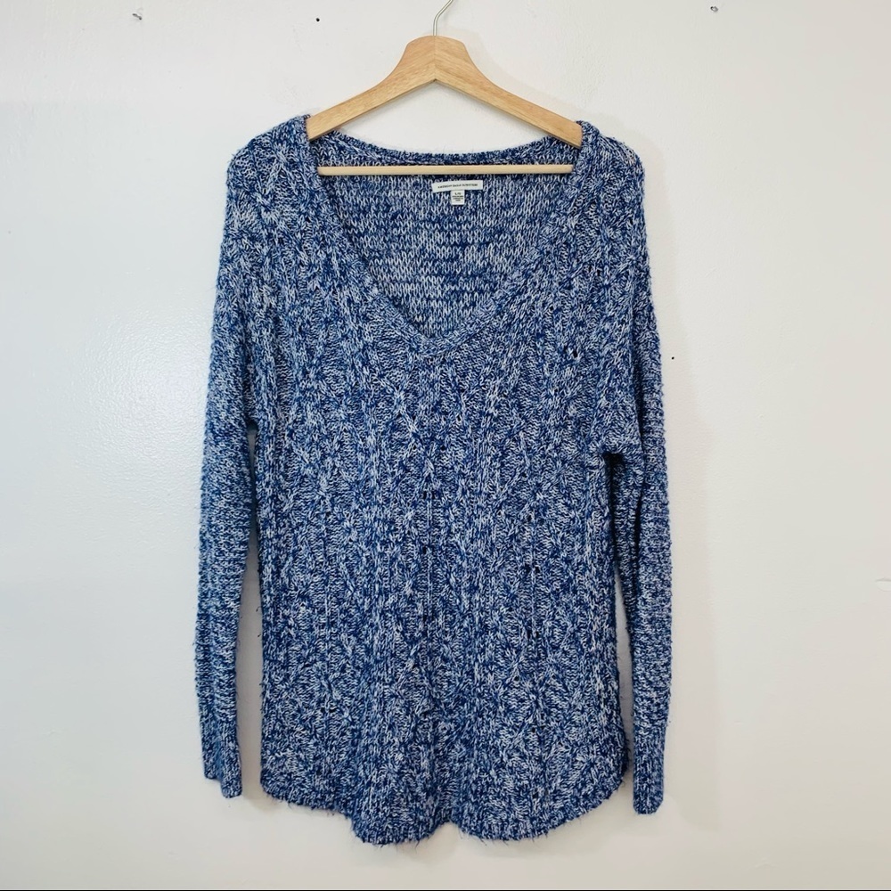 Americal Eagle WomansV Neck Sweater Large Blue White Cotton Blend Loose Knit